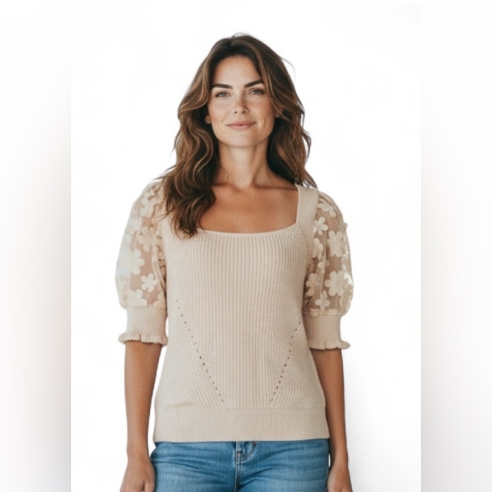 INDUSTRY REPUBLIC CLOTHING KNIT PUFF SLEEVE FLORAL APPLIQUÉ WOMEN’S SIZE: L - Picture 11 of 11